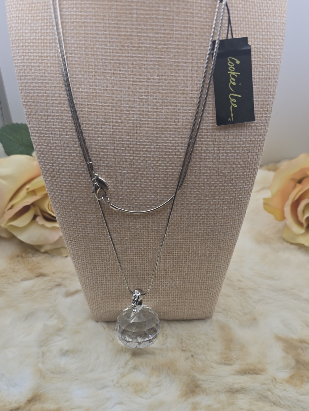 NWT Vintage Cookie Lee Silver Tone Clear Crystal Orb Ball Pendant Necklace